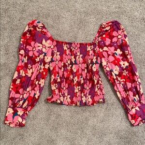 Free People - Floral Puff Sleeve Crop Top - Pink and Purple